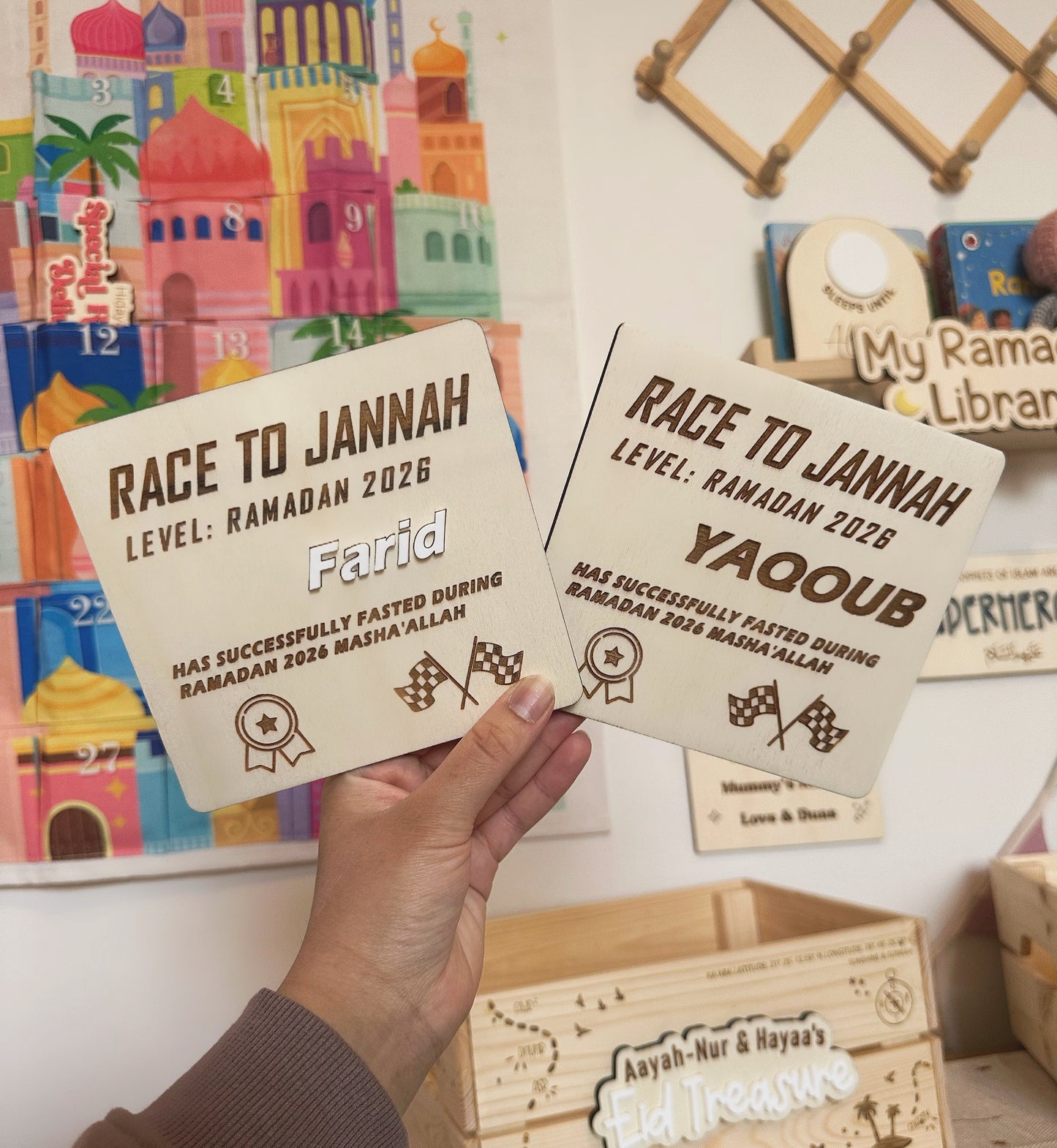 Race to Jannah Personalised Wooden Race Car Fasting Certificate | Ramadan & Eid Gift for Kids