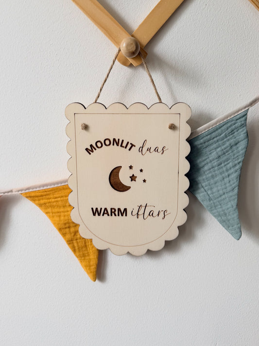 Moonlit Duas, Warm Iftars Wooden Hanging Scallop Edge Plaque