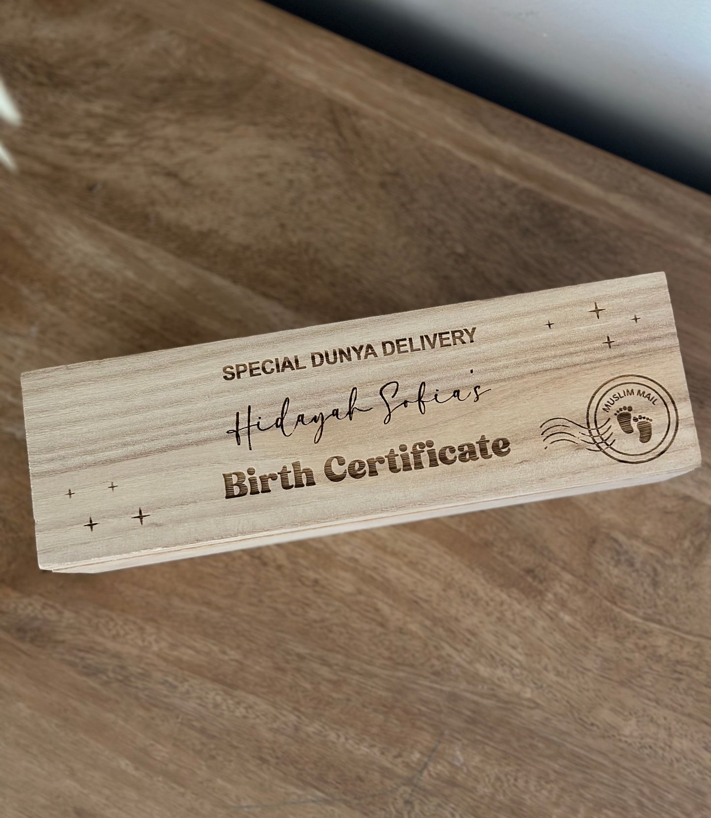 Personalised “Special Dunya Delivery” Islamic Birth Certificate Holder