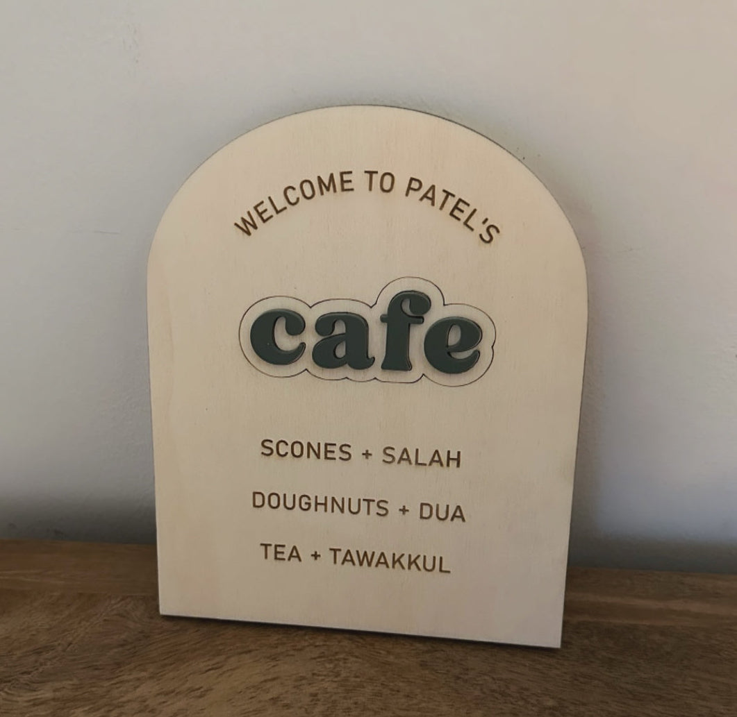Personalised Cafe Plaque: Salah, Dua, Tawakkul (3 Colours)