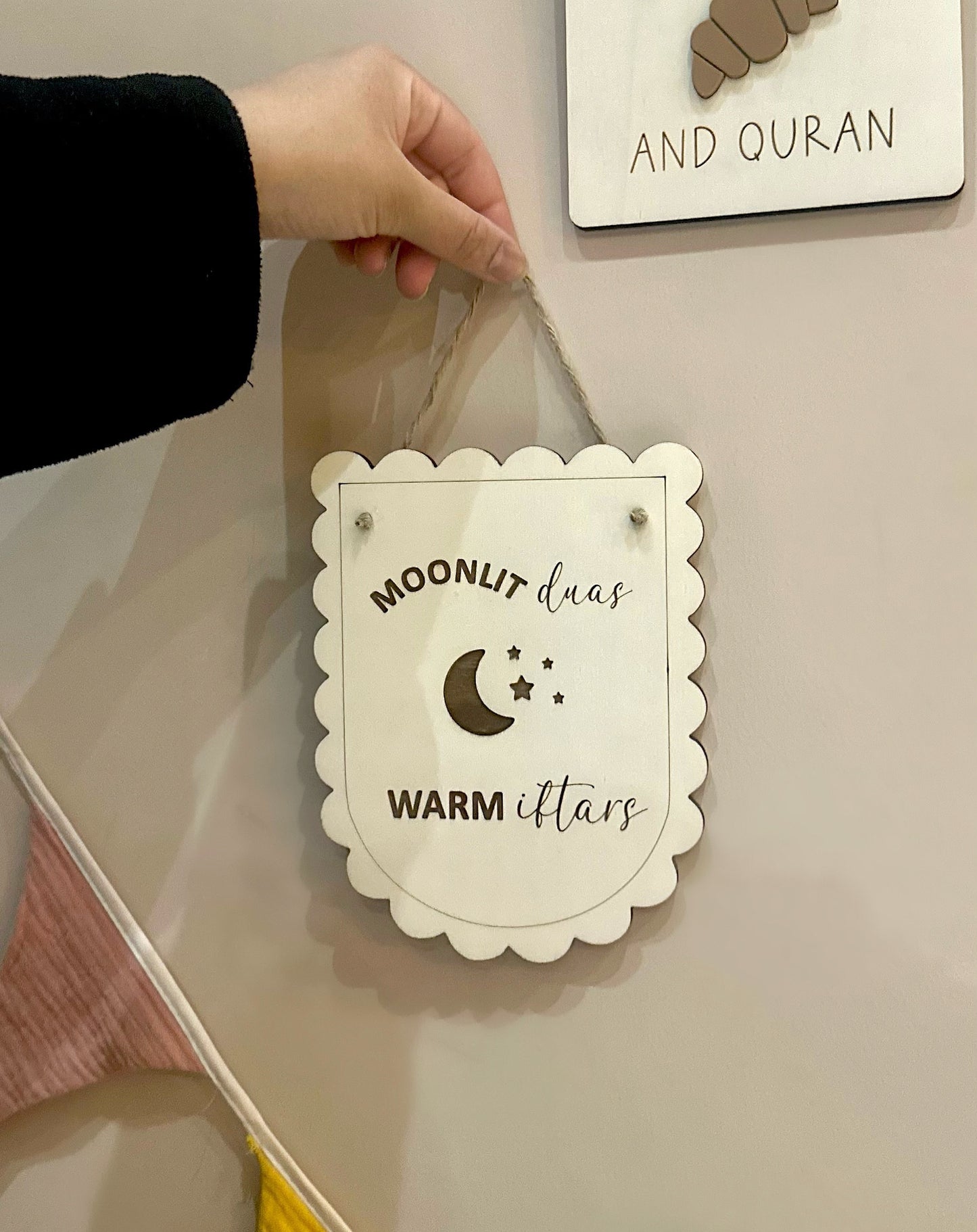 Moonlit Duas, Warm Iftars Wooden Hanging Scallop Edge Plaque